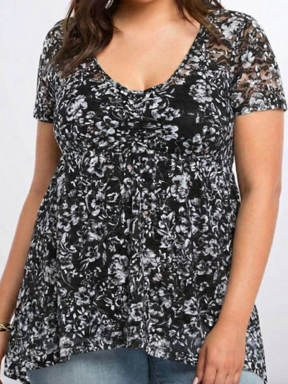 TORRID 2 Plus Size Floral Lace Babydoll Top Black White Short Sleeve Whimsigoth